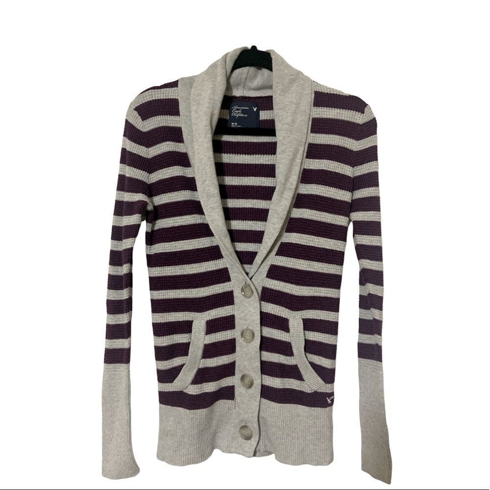 AMERICAN EAGLE Y2K deep purple & grey striped Cardigan size Medium